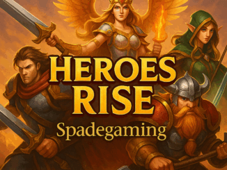 Karakter heroik dalam game Spadegaming Heroes Rise dengan judul besar HEROES RISE dan gaya fantasi epik