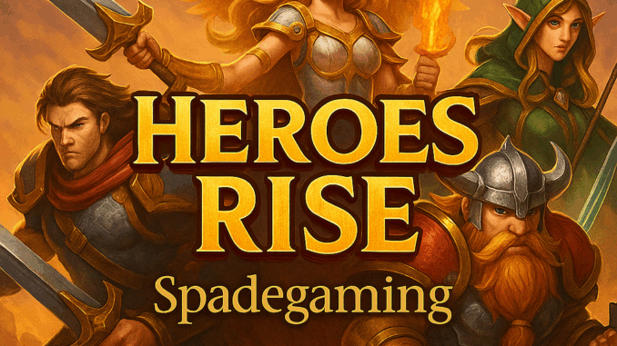 Game Spadegaming Heroes Rise Karakter heroik dalam game Spadegaming Heroes Rise dengan judul besar HEROES RISE dan gaya fantasi epik
