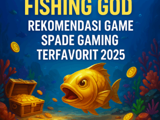 "Gambar promosi Fishing God dengan ikan emas, peti harta karun, dan teks rekomendasi game Spade Gaming terfavorit 2025 di latar bawah laut."