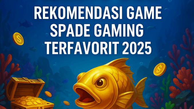 "Gambar promosi Fishing God dengan ikan emas, peti harta karun, dan teks rekomendasi game Spade Gaming terfavorit 2025 di latar bawah laut."