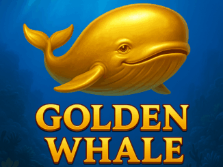 Ilustrasi paus emas bersinar di bawah laut biru dengan teks “Golden Whale” berwarna emas di bagian bawah.