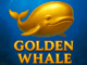 Ilustrasi paus emas bersinar di bawah laut biru dengan teks “Golden Whale” berwarna emas di bagian bawah.