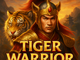 Ilustrasi Tiger Warrior Slot menampilkan pejuang Asia berzirah emas bersama harimau, bergaya khas Spadegaming.