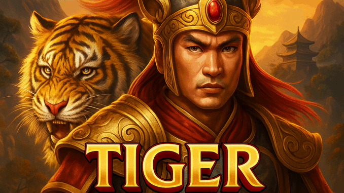 Ilustrasi Tiger Warrior Slot menampilkan pejuang Asia berzirah emas bersama harimau, bergaya khas Spadegaming.
